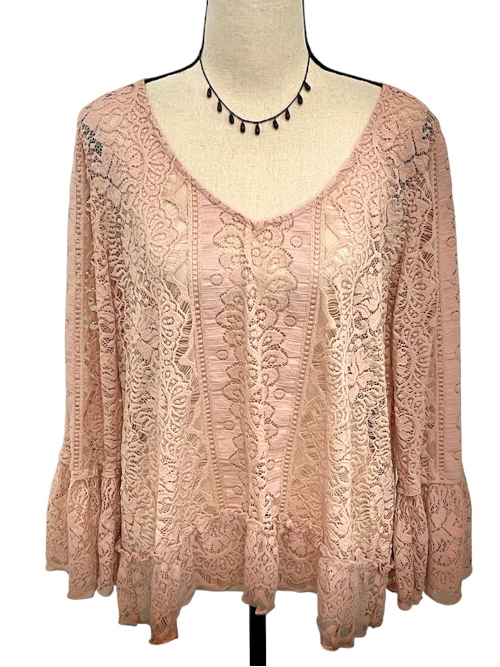 Shyanne | Pink Blush Lace v-neck Ruffle Bell Sleeve Western Boho Top XL